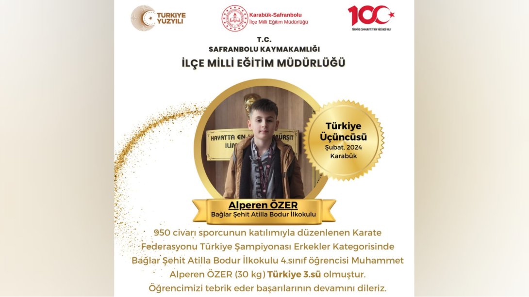 Bağlar Şehit Atilla Bodur İlkokulu Öğrencimizden Türkiye Üçüncülüğü
